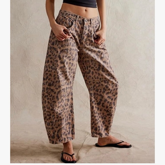 loveimgs Pants - Womens Stretchy Mid Rise Barrel Jeans Size Medium Color Leopard Khaki